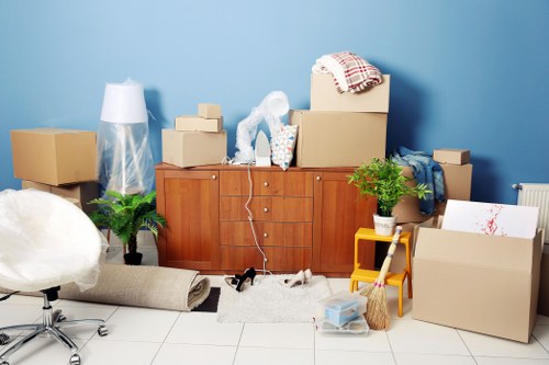 The image depicts a cluttered indoor space with a blue wall as the background, likely part of a residential property in Catford. In the center, there is a wooden sideboard with multiple cardboard boxes stacked on top, some sealed with tape and others open, revealing packing materials. A few items, including a wrapped object and a cloth, are placed on the boxes. To the right of the sideboard, there's a small potted plant with greenery, and a yellow plastic container holding cleaning tools or supplies. On the left, a salt lamp or decorative light sits atop the sideboard, and nearby, two potted plants with green foliage rest on the floor. In front of the sideboard, a collection of household items is scattered: a rolled-up rug, a small black and white dog lying on a fluffy white rug, and various household objects including a white plastic container, a broom with a wooden handle, and some open boxes filled with packing materials. The overall scene suggests a home in the process of packing or preparing for a move, consistent with house removals services in the Catford area.