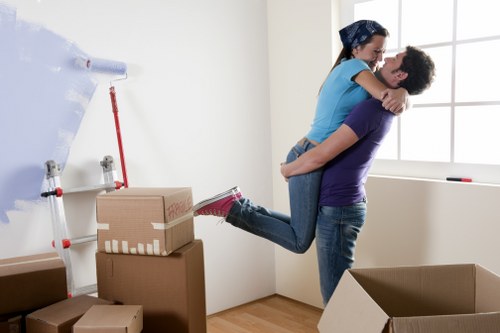 In a bright, minimally furnished room with cream-colored walls and a large window, a man and woman are engaged in a house removal process. The man, dressed in a purple t-shirt and blue jeans, is holding the woman, who is wearing a blue top and dark jeans, off the ground as she wraps her arms around his shoulders and smiles. Several cardboard moving boxes of different sizes, some sealed with packing tape, are stacked on the floor and against the wall, indicating an ongoing move. A white wall-mounted paper towel holder is visible on the left side of the image. Natural light fills the room through the window, creating a warm atmosphere suitable for a residential setting in Catford or a nearby area. The scene captures a moment of light-heartedness amid the moving process, with the focus on the couple's interaction and the preparations for relocating household items as part of professional house removals by Catford Man with Van.