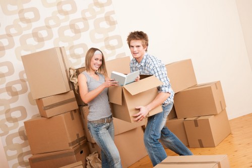 A young man and woman are engaged in a moving process indoors, surrounded by multiple cardboard moving boxes of various sizes placed on a light wooden floor. The woman, with shoulder-length blonde hair and wearing a grey top and blue jeans, is smiling while holding a small cardboard box with packing tape, standing close to the wall. The man, with short red hair and dressed in a blue and white checkered shirt and blue jeans, is in the act of lifting or passing a medium-sized cardboard box, appearing to be in motion. The background features a beige and white patterned wallpaper on the wall, with several boxes stacked or leaning against it. The overall scene suggests a house or flat interior during a relocation or move, with natural lighting illuminating the space. This image aligns with services provided by Catford Man with Van, likely operating in South East London, including local house removals and packing assistance, emphasizing a professional and organized moving environment.