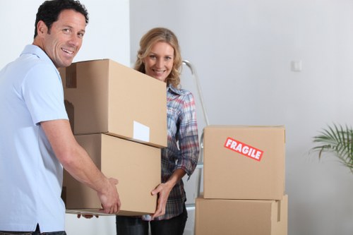 A man and a woman inside a residential property in Catford are engaged in a house move, carrying cardboard boxes as part of removals. The man, dressed in a light blue shirt, is holding two stacked boxes, one with a white label, and is smiling towards the camera. The woman, wearing a plaid shirt, stands next to him, also smiling, with her hands on a large box. To their right, there are more cardboard boxes, one of which has a red 'Fragile' label. The setting appears to be a bright, modern interior with minimal decor, including a small potted plant in the background on the right side of the image. The scene captures the process of packing or unpacking, typical of home removals services in the Catford area, with the focus on safe handling and organization of household belongings in preparation for a move within the area or beyond.