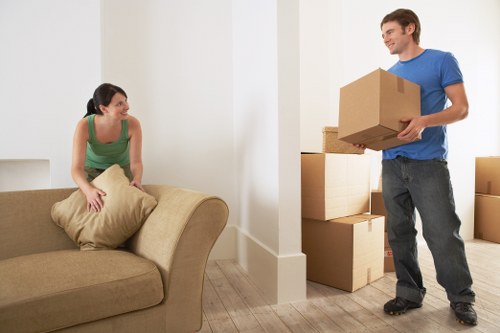 In a well-lit living room, a young woman wearing a green sleeveless top and dark trousers is seated on a beige fabric sofa, holding a cushion with both hands and looking towards a man who is standing nearby. The man, dressed in a blue t-shirt and dark jeans, is holding a medium-sized brown cardboard box and smiling as he faces the woman. Behind him, there are several other cardboard boxes stacked against a plain white wall, indicating an ongoing house move. The floor is light-colored wood, and the overall environment is organized and tidy. The scene captures a moment of casual interaction during a house removal, with the company 'Catford Man with Van' specialising in local removals within the Catford area, suggesting this move might be taking place somewhere nearby in south London. The image visually emphasizes the process of packing, unpacking, and furniture handling in a typical residential setting, with a focus on professional yet approachable house removal activities. The natural lighting and minimal decor highlight the functional and straightforward nature of home removals.